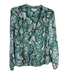 Tahari‎ Arthur Levine Size M Women Top Blouse Snakeskin Green Ruffle Long Sleeve